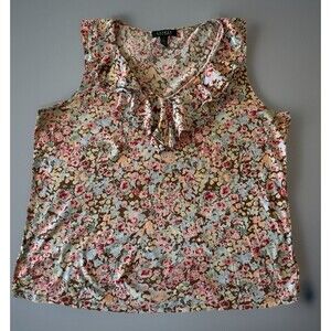 Lauren Ralph Lauren Sleeveless  Ruffle V Neck Cotton Top Size 2x Floral